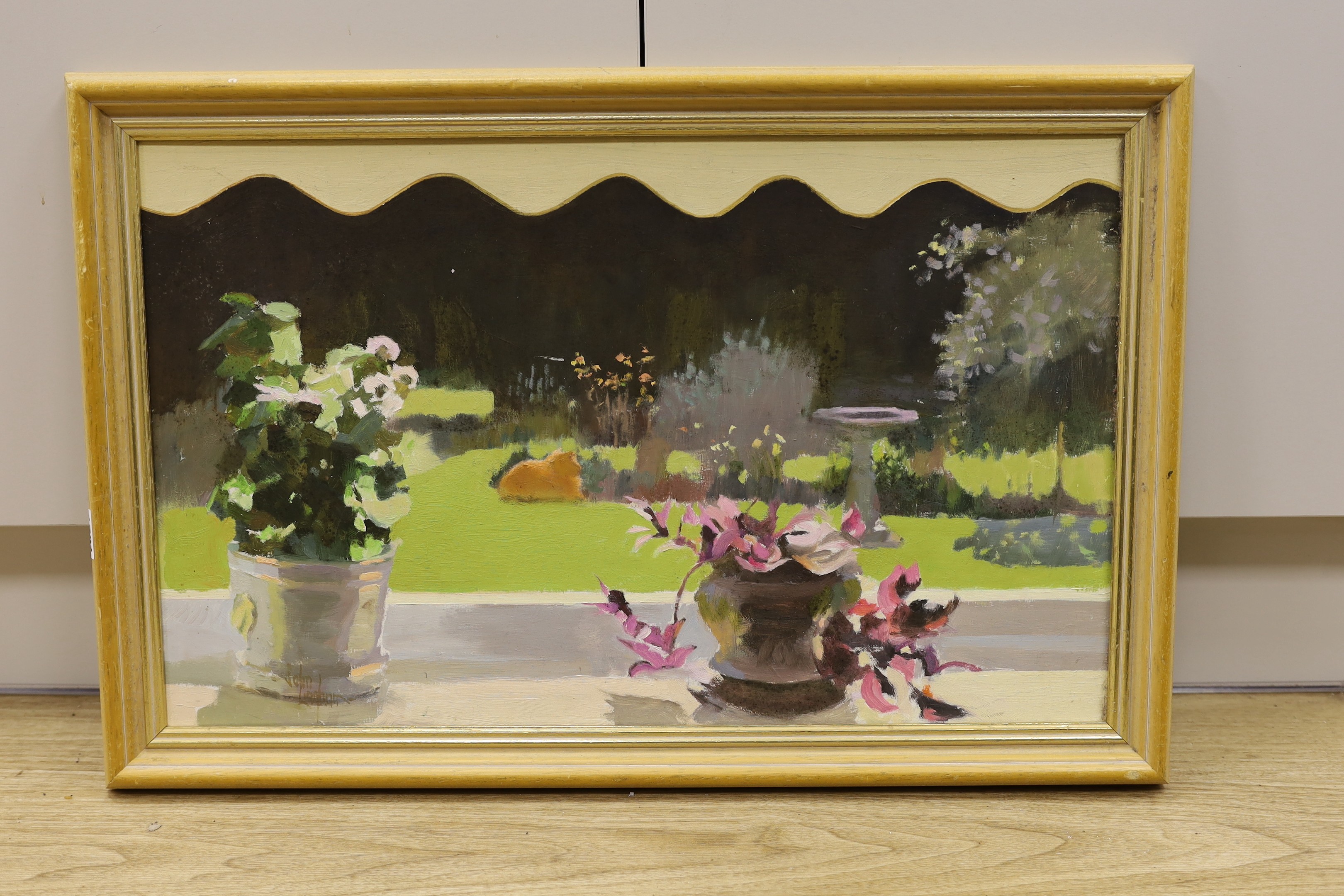 Modern British, oil on board, Pot plants with garden beyond, singned John?, 37 x 60cm